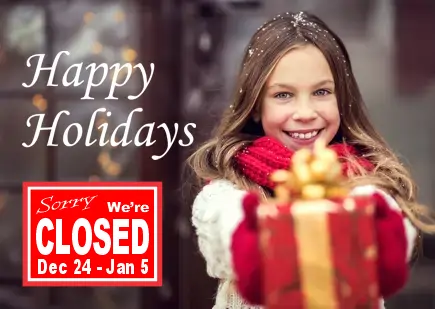Happy Holidays with girl giving present and closed sign