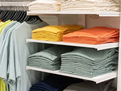 Clothing for purchase on hangers and shelves